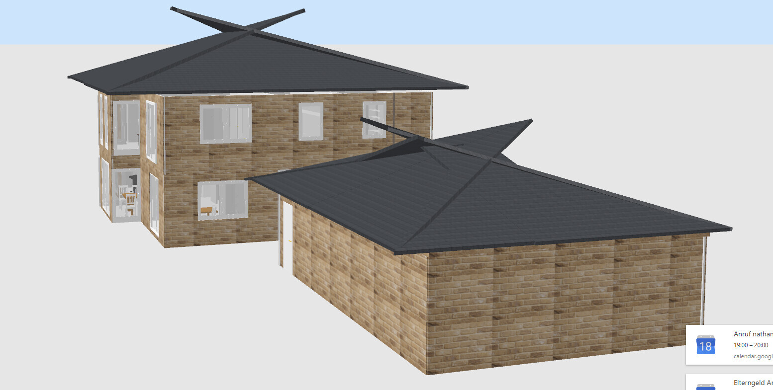 3D-Modell eines Backsteinhauses mit zwei Stockwerken, vielen Fenstern und einer Anbau-Garage.