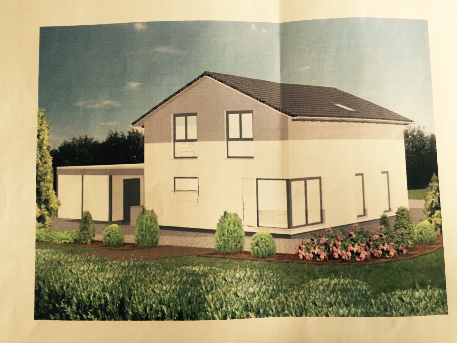 Moderne 3D-Hausansicht eines zweigeschossigen Hauses mit Garten