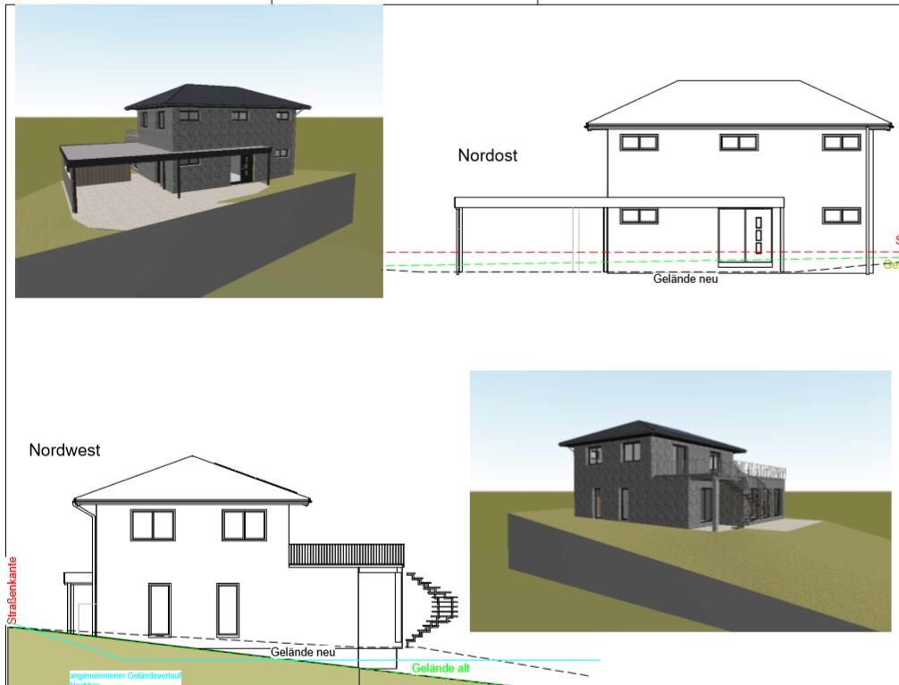 Verschiedene Ansichten eines modernen Hauses auf Hanglage: 3D-Renderings, Grundriss.
