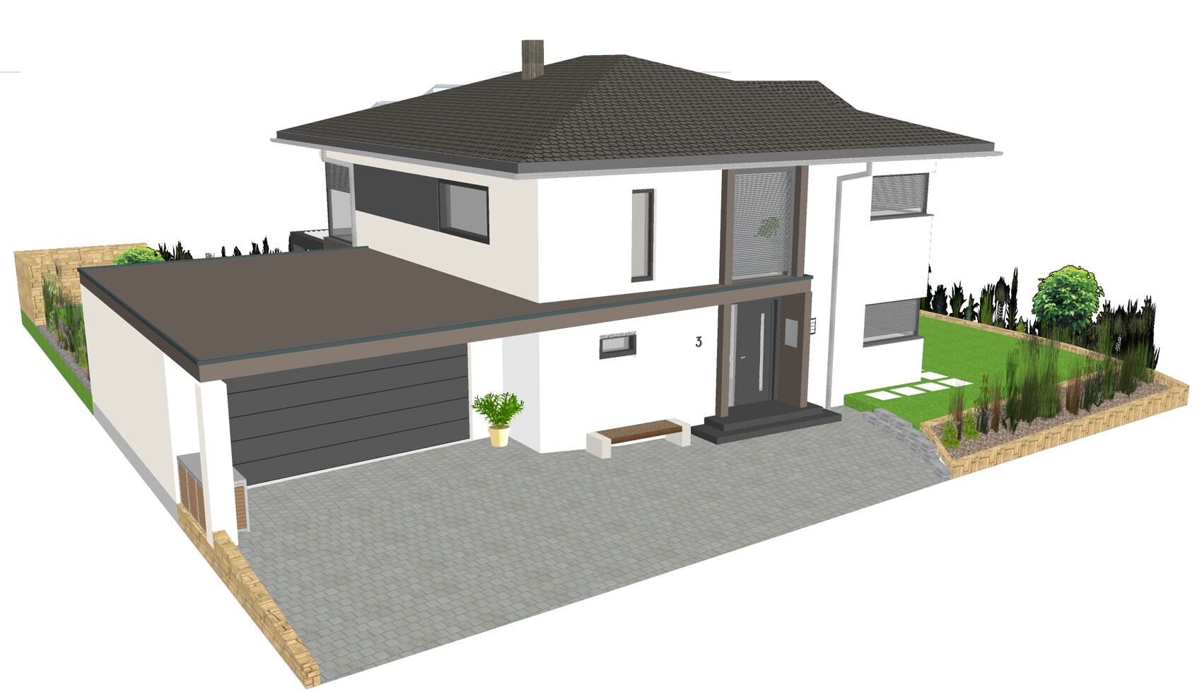 Moderne zweistöckige Villa mit Garage, Eingangsbereich, Garten rechts und Hausnummer 3.