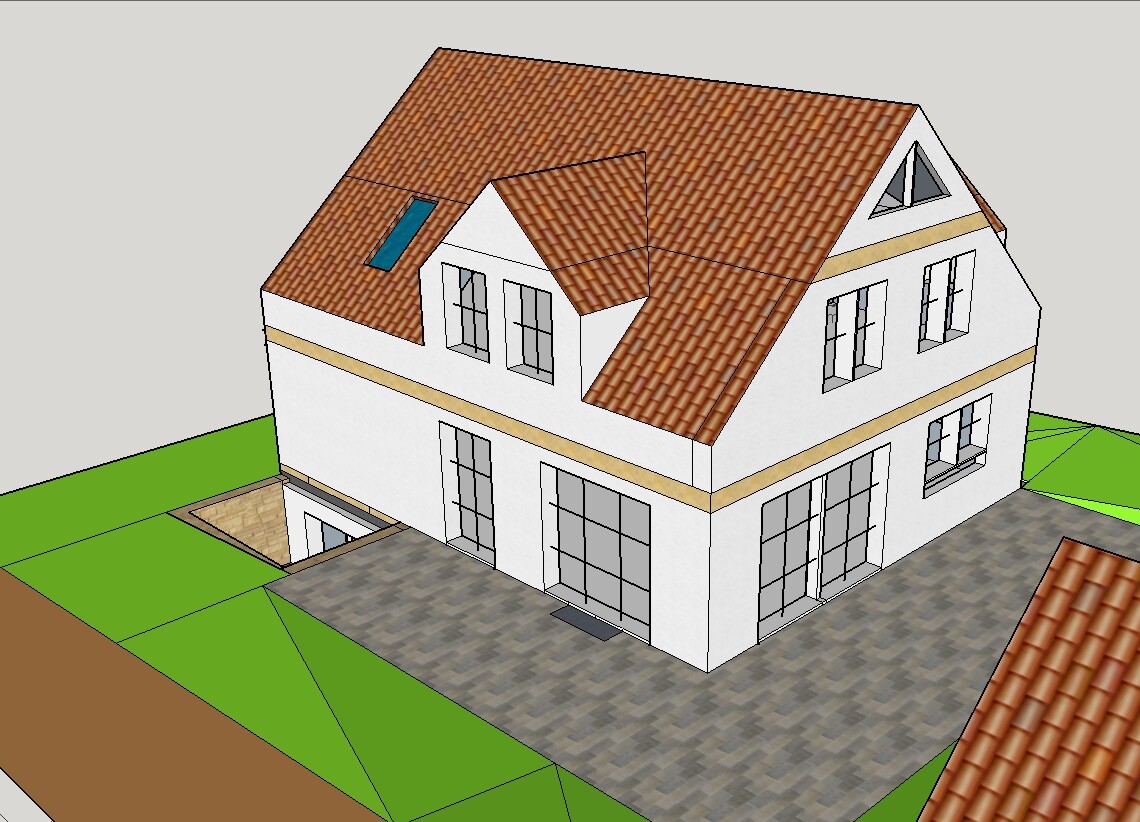3D-Modell eines weißen Hauses mit rotem Ziegeldach, großen Glasfronten, Hof und Garten.