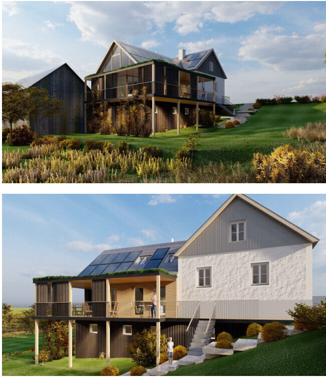 Zweigeteiltes Haus mit Holz- und Putzfassade, Solarzellen, Terrasse und Garten.
