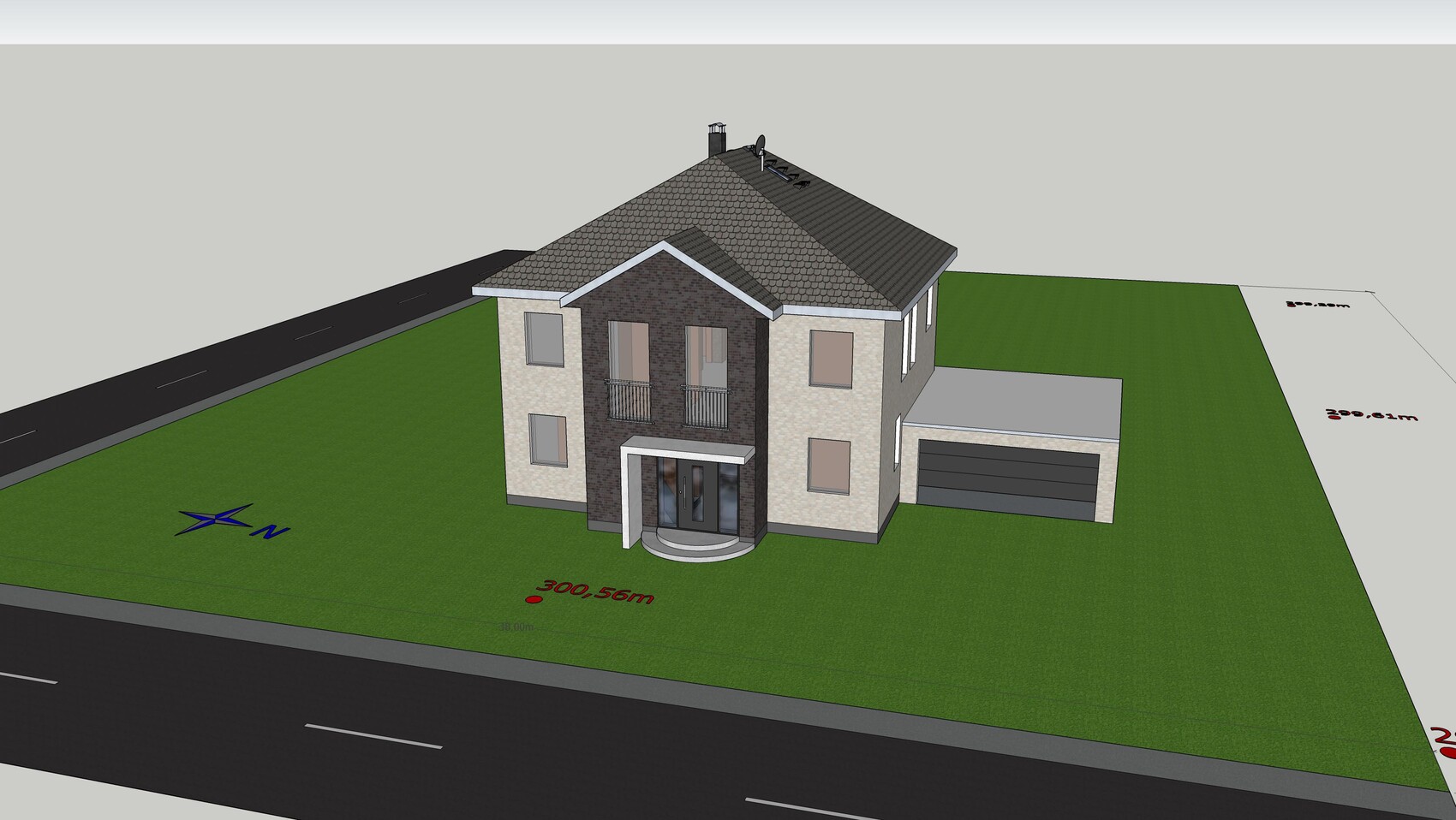 3D-Ansicht eines zweigeschossigen Hauses mit Garage, Balkon und Garten.