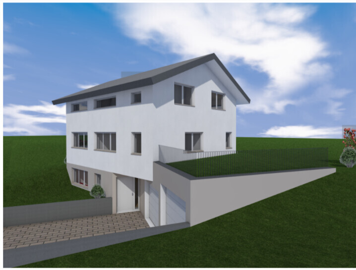 Moderne 3D-Hausansicht mit Garage, Auffahrt und grünem Garten vor blauem Himmel