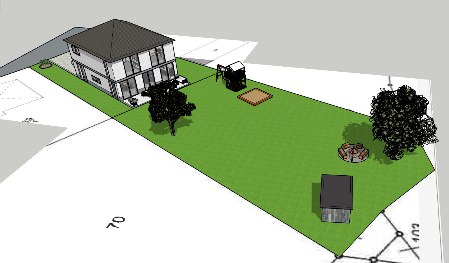 Modernes Einfamilienhaus mit grünem Garten, Spielplatz, Feuerstelle und Gartenhäuschen.