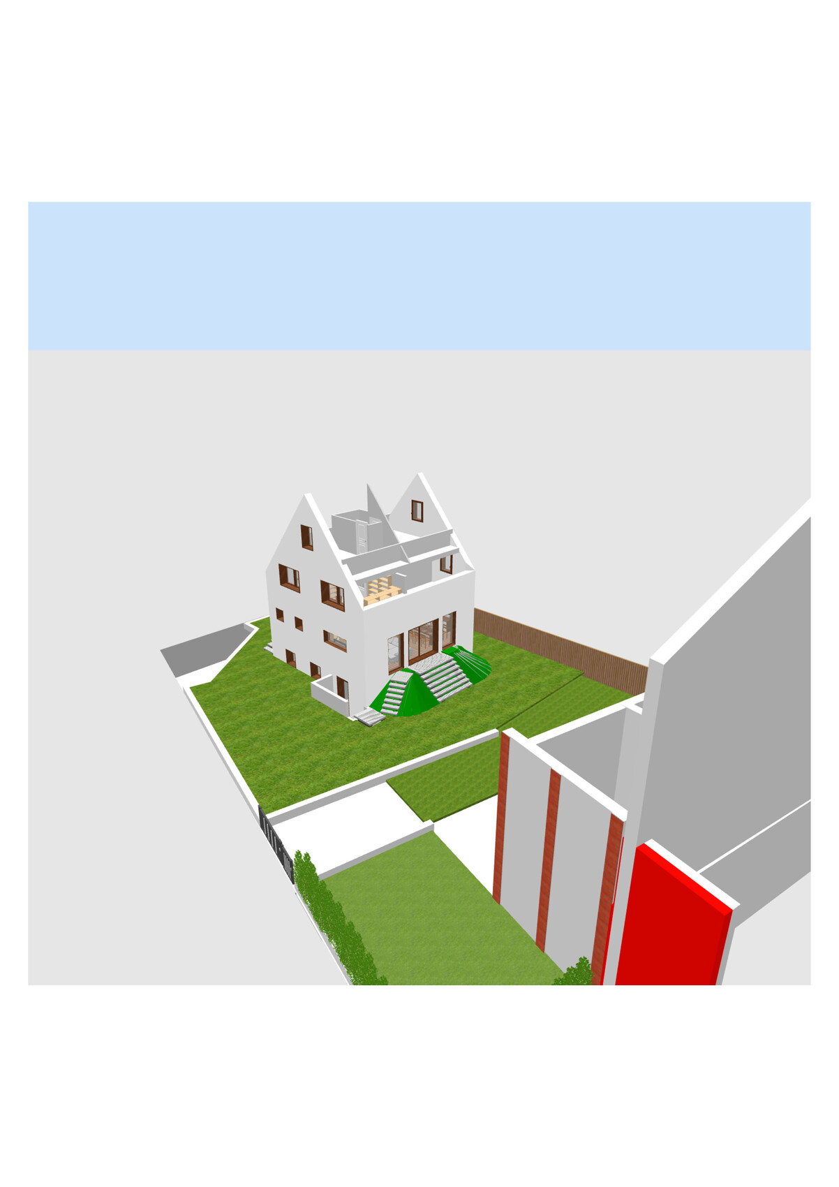 Isometrische 3D-Darstellung eines weißen Hauses mit grünem Garten und Treppe