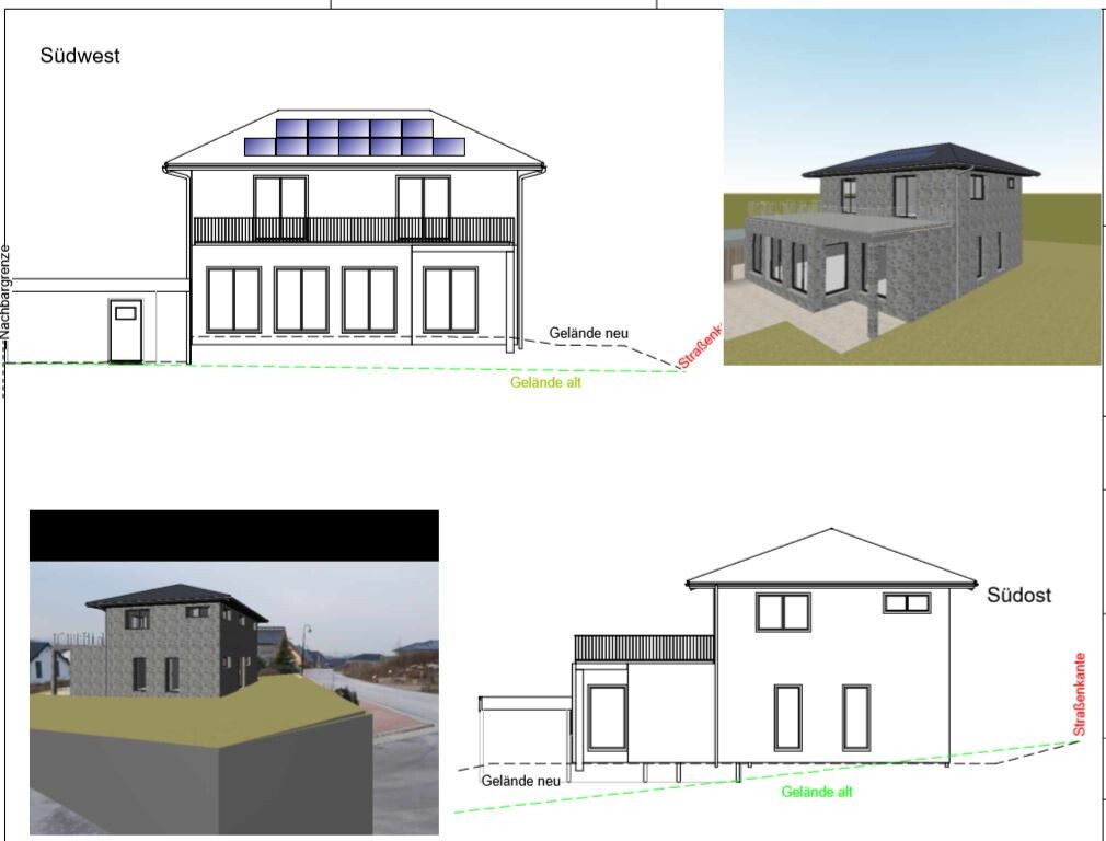Zweigeschossiges Haus mit Solarpanelen auf dem Dach; Südwest- und Südostansichten.