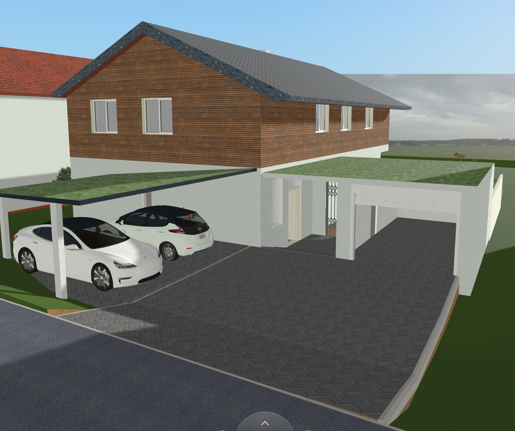 Zweistöckiges Haus mit Holzfassade, Carport mit zwei Autos und gepflasterter Zufahrt.