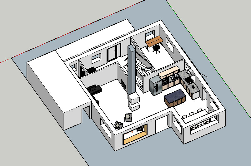 Isometrischer Innen-Grundriss eines Hauses: Küche mit Insel, Essbereich, Wohnzimmer, Treppe und Arbeitszimmer.