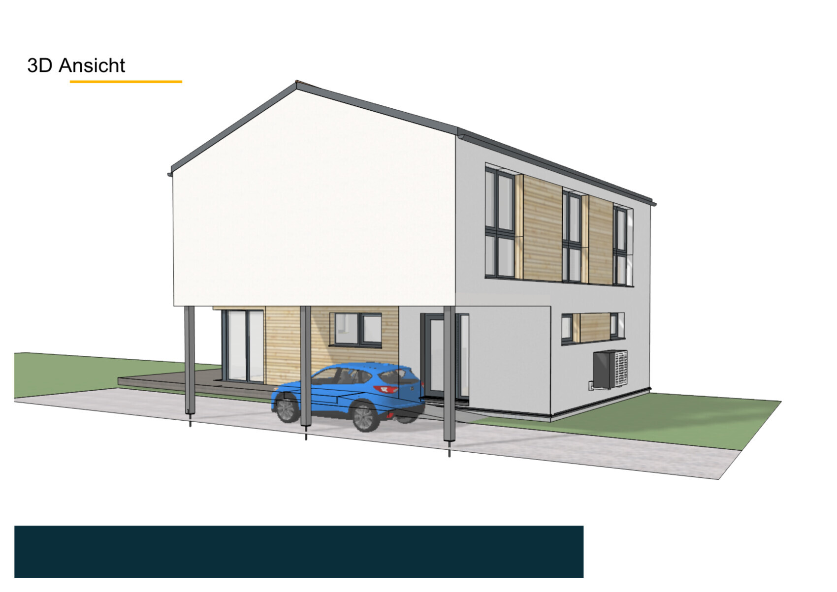 3D-Ansicht eines modernen zweigeschossigen Hauses mit Carport und grauer Fassade
