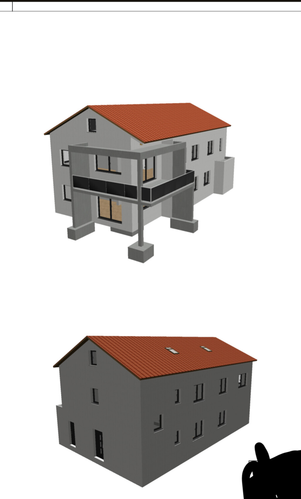 Zweifache Ansicht eines modernen Hauses mit rotem Ziegeldach und Glasfronten.