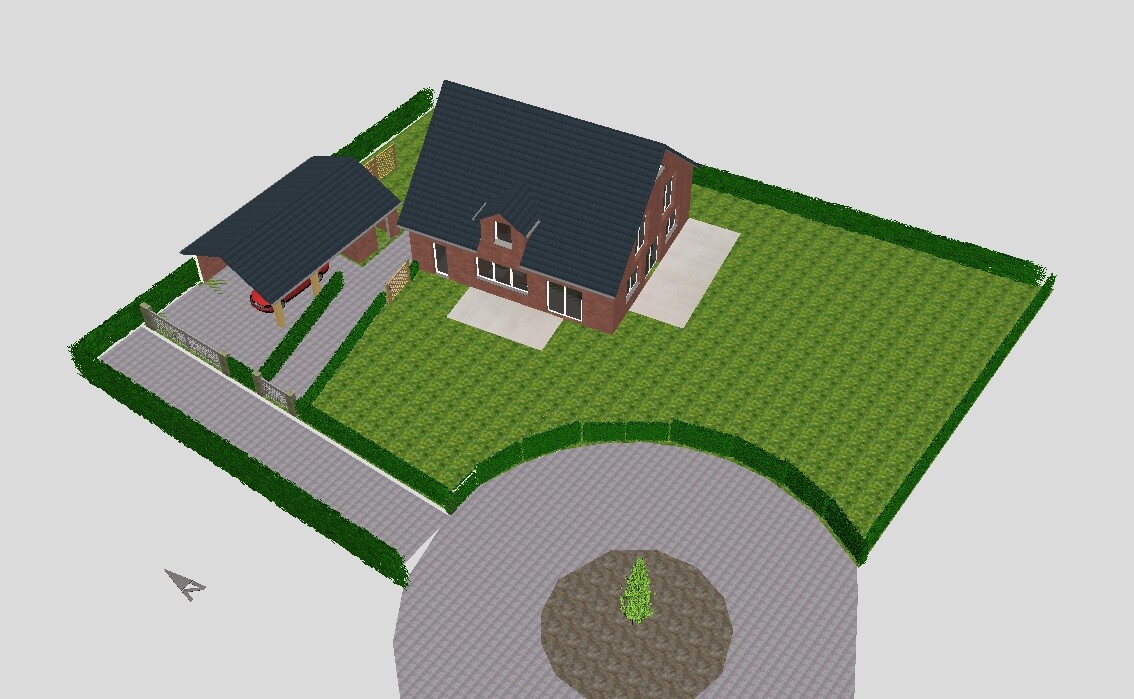 3D-Modell eines roten Ziegelhauses mit Carport, großem Garten und Kreisverkehr davor.