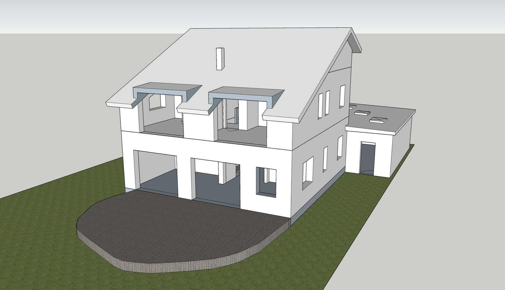 3D-Architekturmodell eines zweistöckigen Hauses mit runder Terrasse, Balkonen und Anbau.