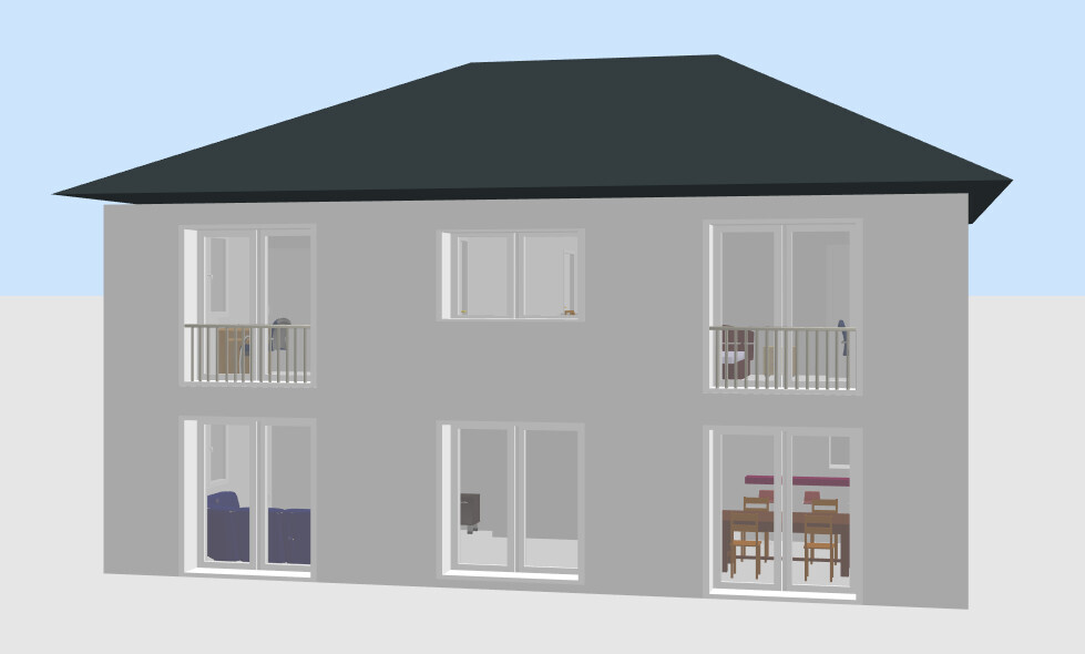 Zweistöckiges graues 3D-Wohnhaus mit dunklem Dach, großen Fenstern und Balkonen.
