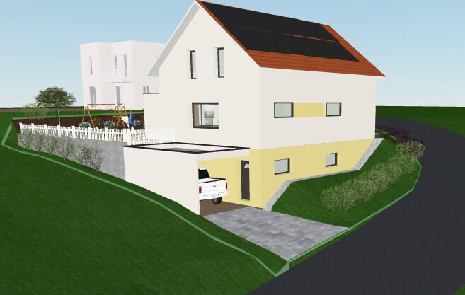 Moderne weiße Villa mit gelbem Sockel, Solarzellen auf dem Dach, Carport und Hanglage am Straßenrand
