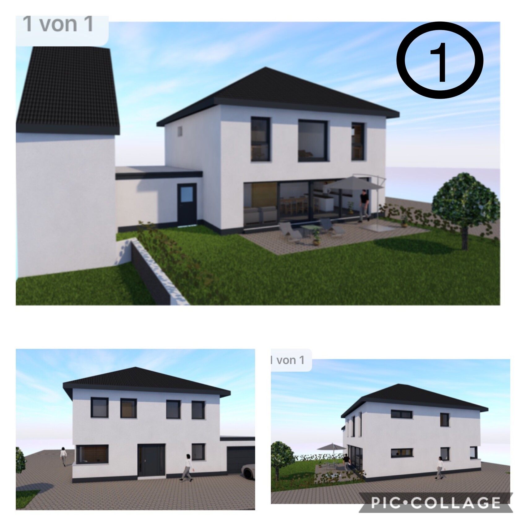 Moderne 3D-Hausansicht mit Terrasse und Garten im Außenbereich.
