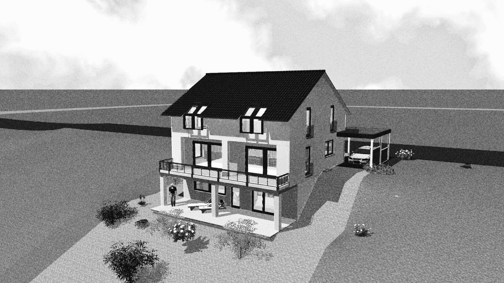 Graues, zweistöckiges Haus mit Balkon, Carport mit Auto und Garten – 3D-Rendering.