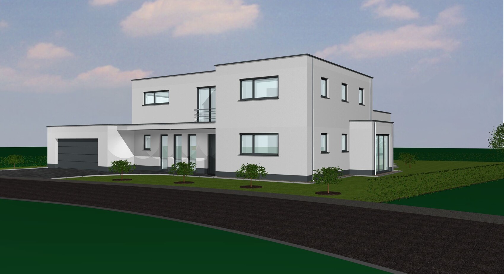 Moderne weiße zweigeschossige Hausarchitektur als 3D-Render mit Garage und Garten.