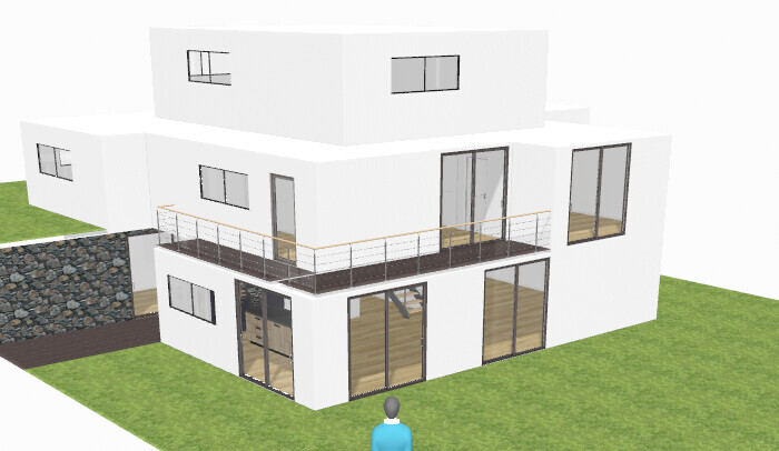 Moderne weiße Villa mit großen Glasfronten, Balkon, grünem Garten und einer Person davor.