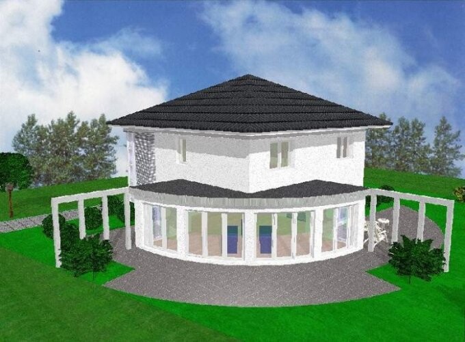 Modernes zweistöckiges Haus mit halbkreisförmiger Glasveranda und umlaufender Terrasse im Garten