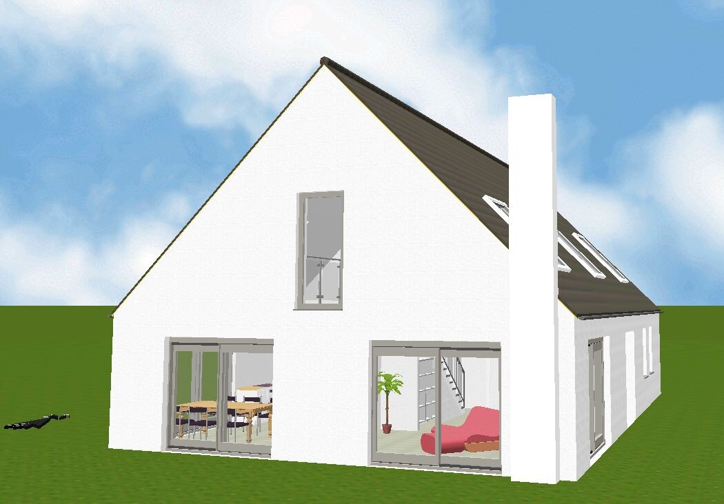 Weißes Haus mit Satteldach auf grünem Rasen; Glas-Schiebetüren zeigen Wohnzimmer mit Sofa und Pflanze.