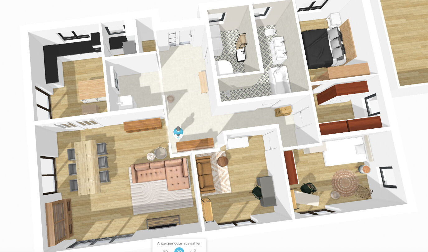3D-Einrichtungsgrundriss einer Wohnung: Wohnzimmer, Küche, Essbereich, Bad, Schlafzimmer, Flure