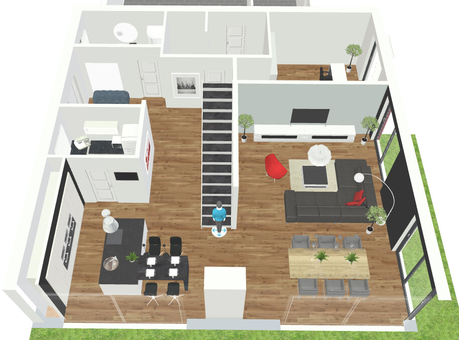 3D-Grundriss eines offenen Wohn-/Ess- und Küchenbereichs mit Treppe zur oberen Etage.