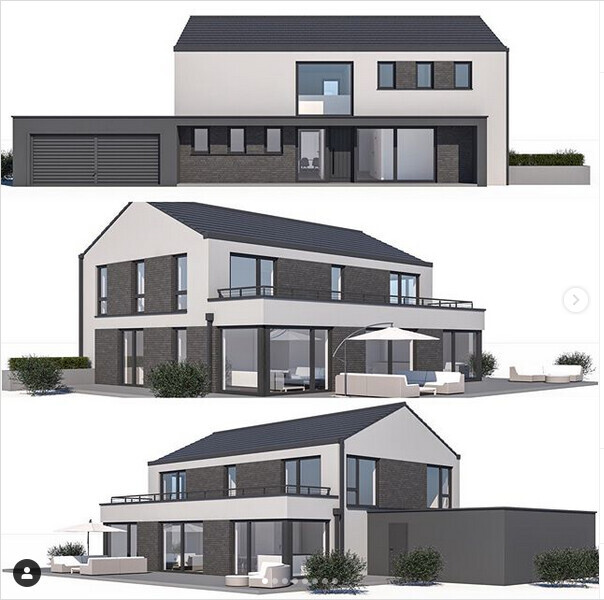 Moderne zweistöckige Villa mit Glasfront, Flachdach und Terrasse.