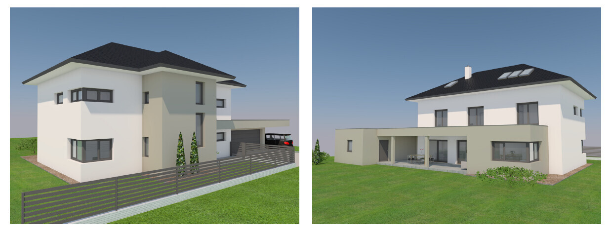 Zwei Ansichten eines modernen Einfamilienhauses: weiße Fassade, dunkles Dach, Garten und Garage