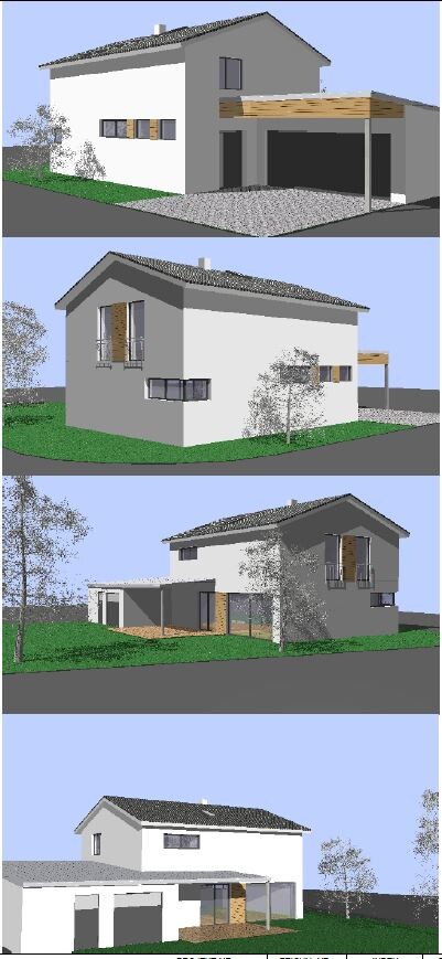 Vier Ansichten eines modernen Hauses: Weiße Wände, graues Dach, Carport, Garten.