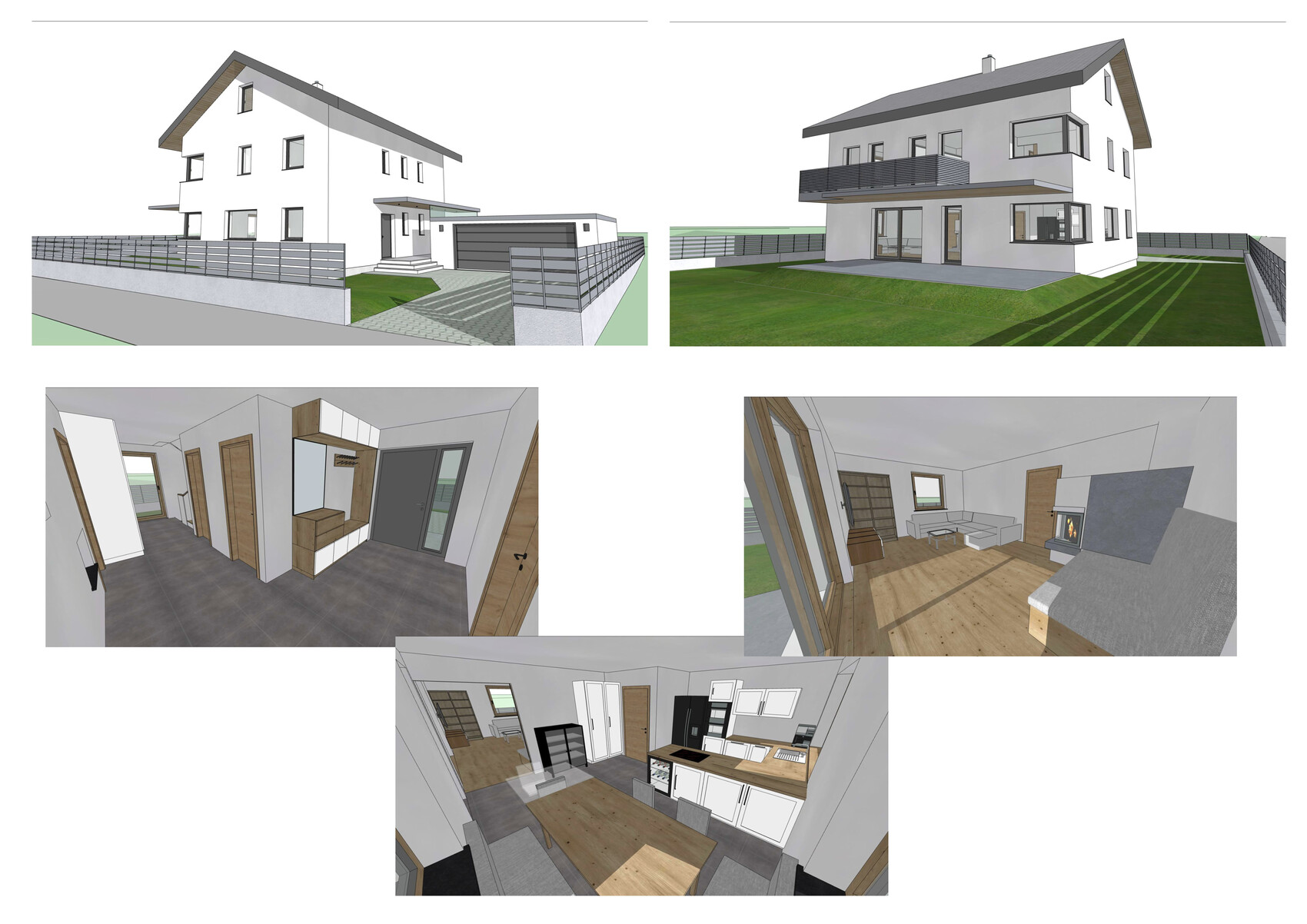 Moderne weiße Einfamilienhäuser mit Garten; Innenaufnahmen Küche, Wohnzimmer, Flur.