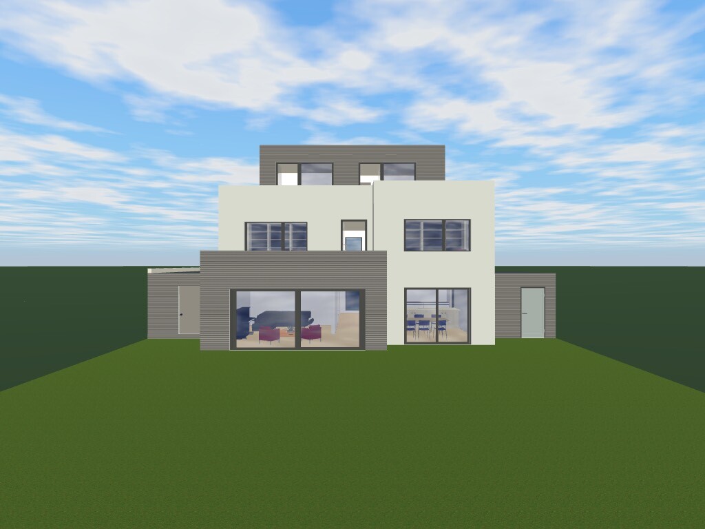 Modernes, mehrstöckiges Haus mit großen Glasfenstern, grauer Holzverkleidung und grünem Garten.