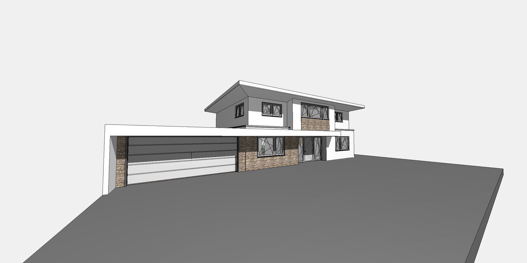Moderne zweigeschossige Hausfront mit Garage, Steinverkleidung und großen Fenstern.
