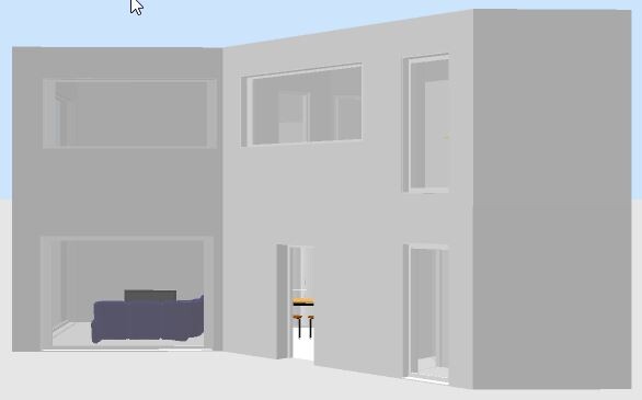 Zweistöckiges modernes graues 3D-Haus mit großen Fenstern und Eingangstür unter blauem Himmel.