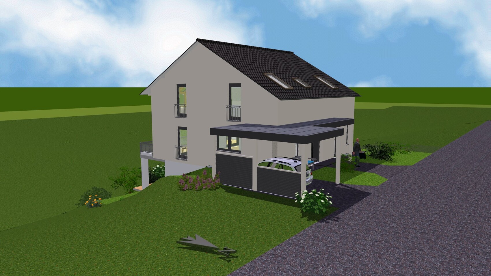 Modernes zweistöckiges Haus mit Carport und Garage, Auto davor, grüne Umgebung