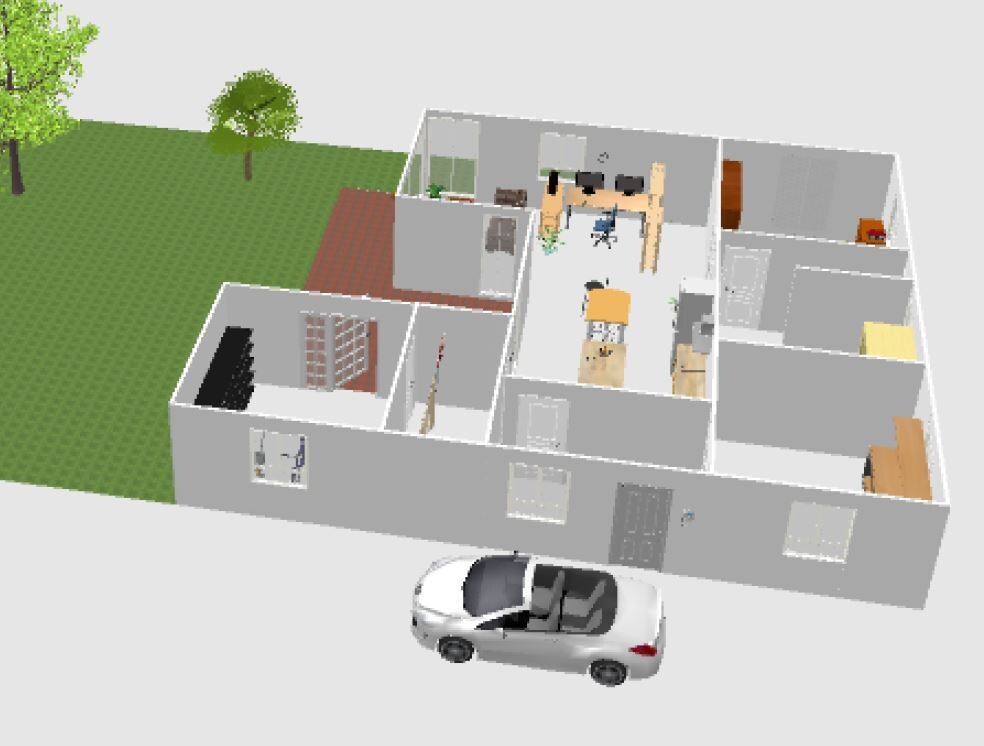 3D-Hausgrundriss mit Innenraeumen, Gartenbereich und geparktem Auto vor dem Haus