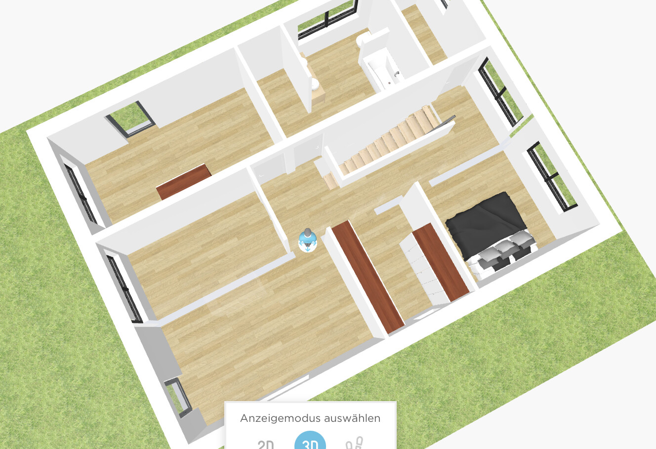 Isometrischer Grundriss eines Hauses: Schlafzimmer mit Bett, Kleiderschränke, Treppe, Flur.