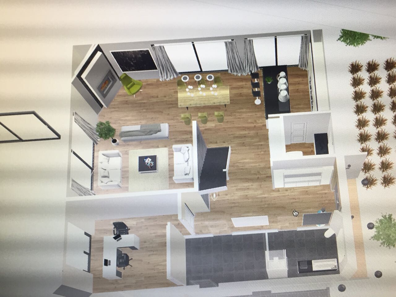 Offenes Wohnkonzept: Wohnzimmer, Essbereich, Küche, Arbeitsbereich, Kamin, Garten.