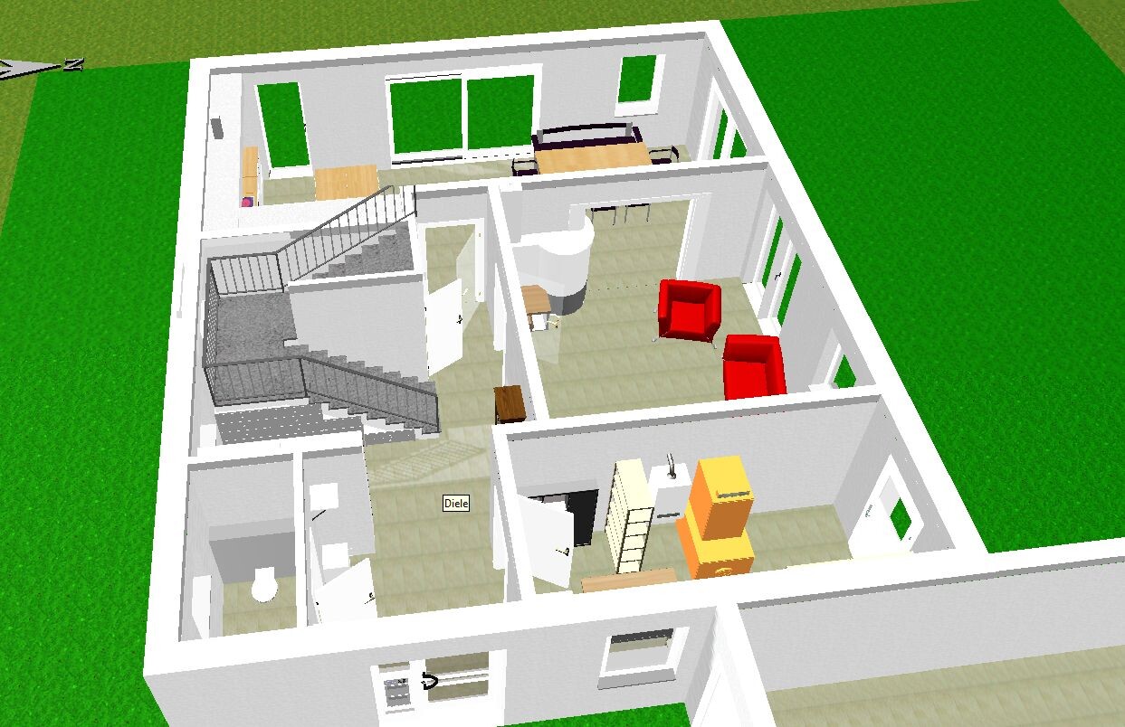 3D-Hausgrundriss mit Wohnzimmer, Küche, Treppenhaus und Garten im Modell