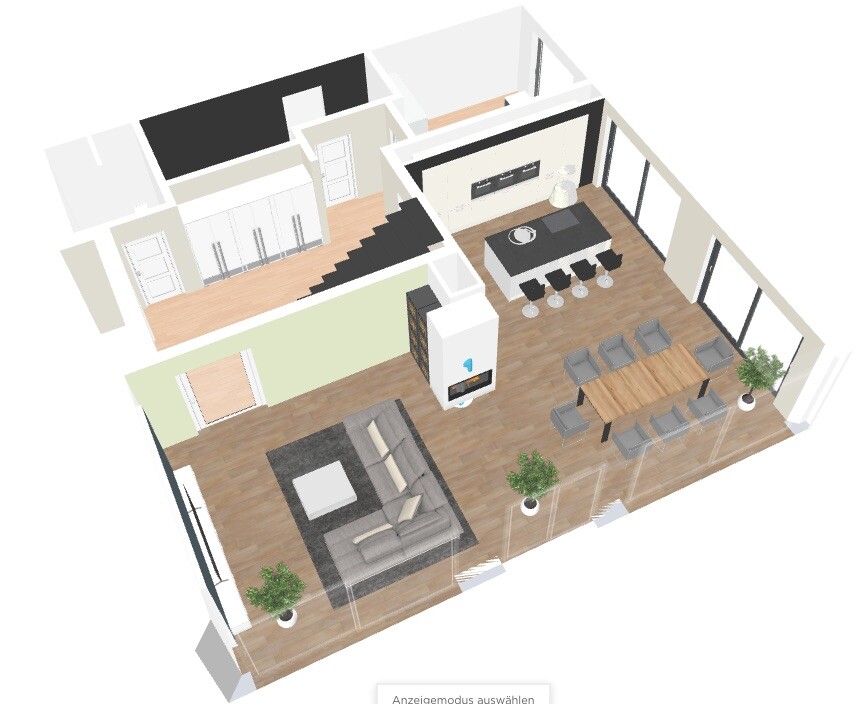 Offene Wohnküche mit Insel, Esstisch, Wohnzimmer, Treppe und Glasfronten in moderner Raumaufteilung.