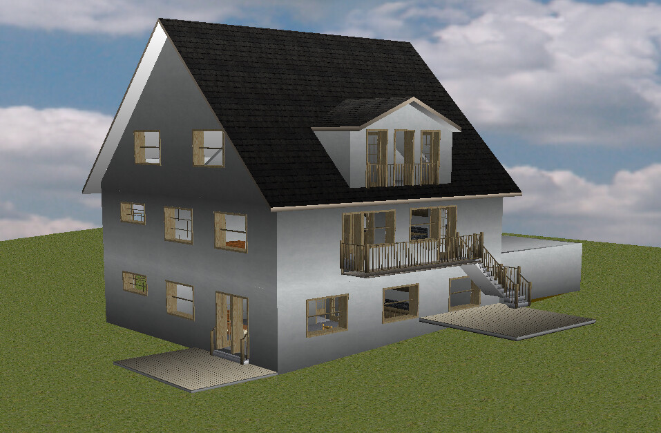 3D-Modell eines zweistöckigen Hauses mit Satteldach, Balkonen, Treppe und Terrasse auf Gras.
