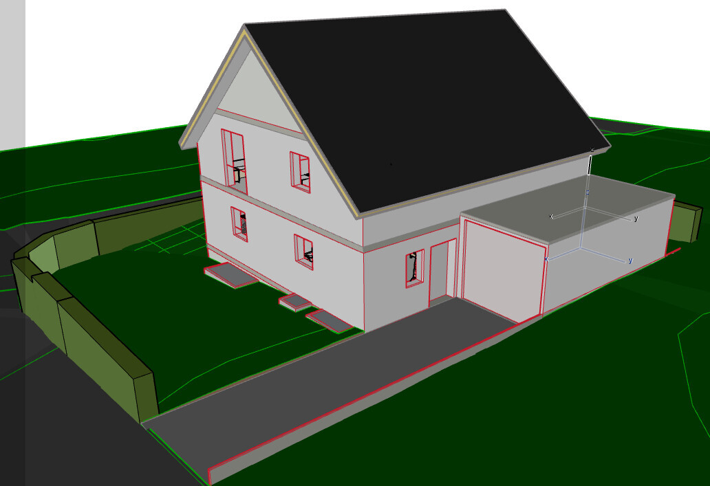 3D-Architekturmodell eines zweistöckigen Hauses mit Garage, Zufahrt und Garten.