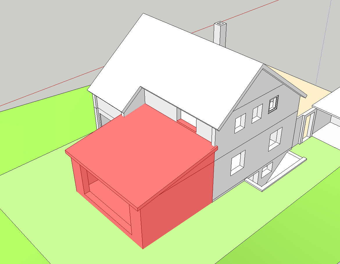 3D-Modell eines grauen zweistöckigen Hauses mit rotem Anbau und grünem Hof.