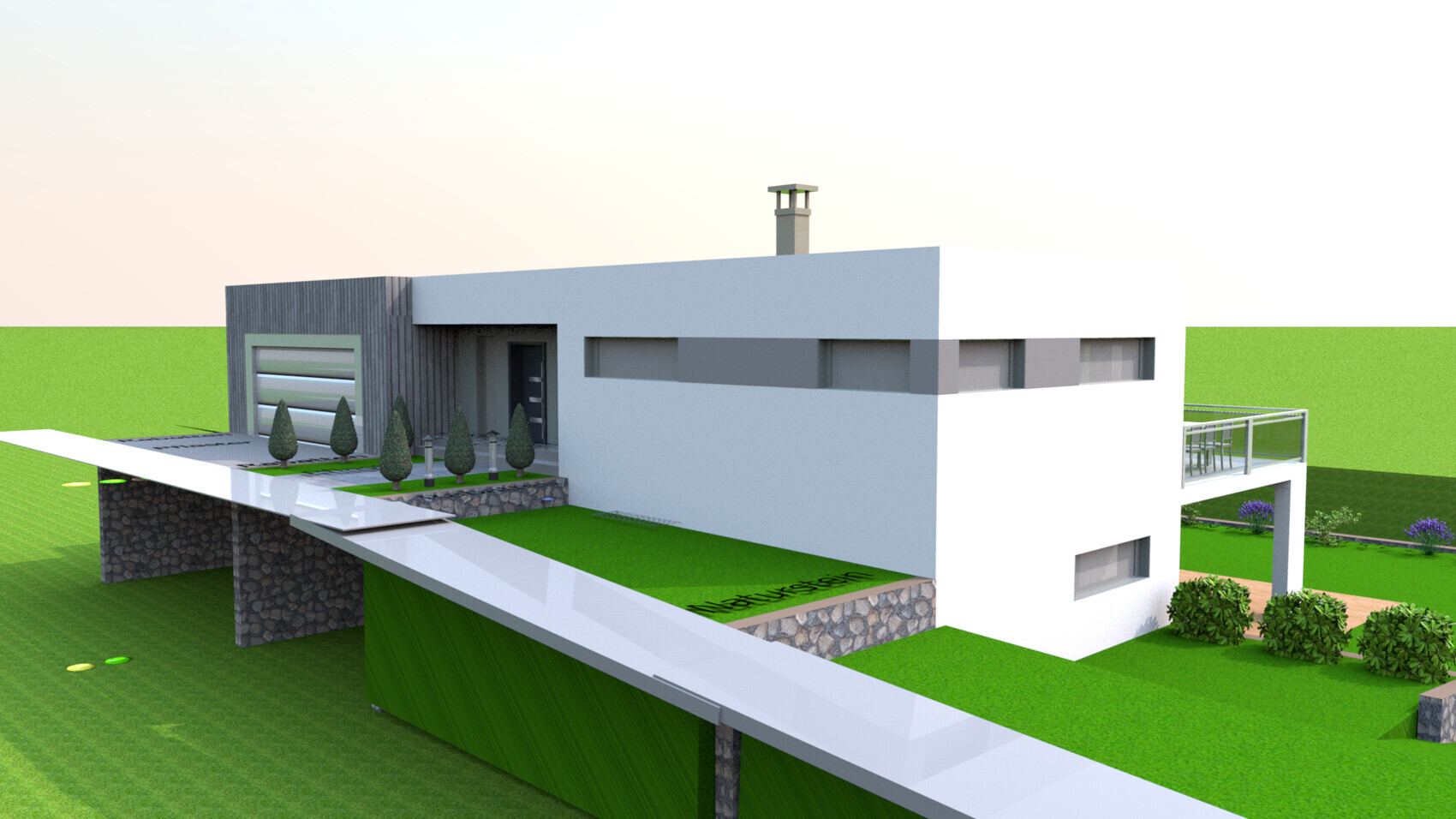 Moderne Villa auf grünem Hang, weiße Fassade, graue Holzverkleidung, Garage, Balkon, Garten.