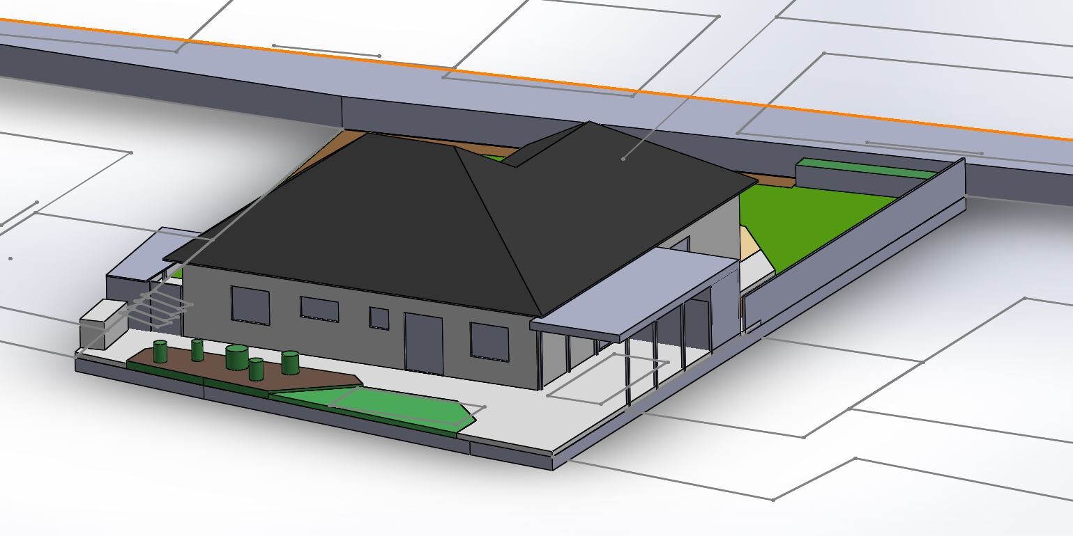 3D-Modell eines modernen Einfamilienhauses mit dunklem Dach und Garten.