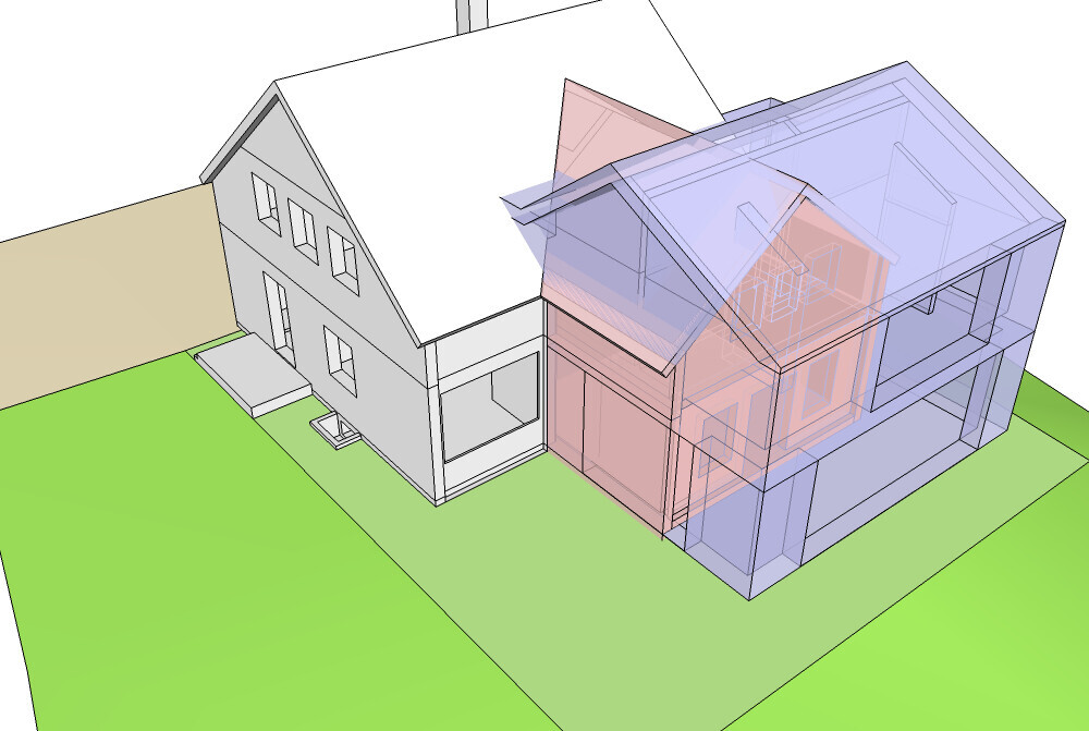 3D-Architekturmodell: Haus mit durchsichtigem Anbau rechts, grünem Garten
