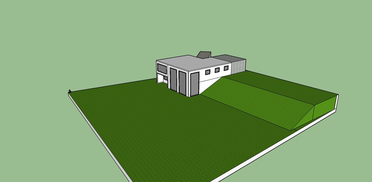 Modernes Einfamilienhaus mit Flachdach auf einem großen grünen Grundstück; isometrische Ansicht.