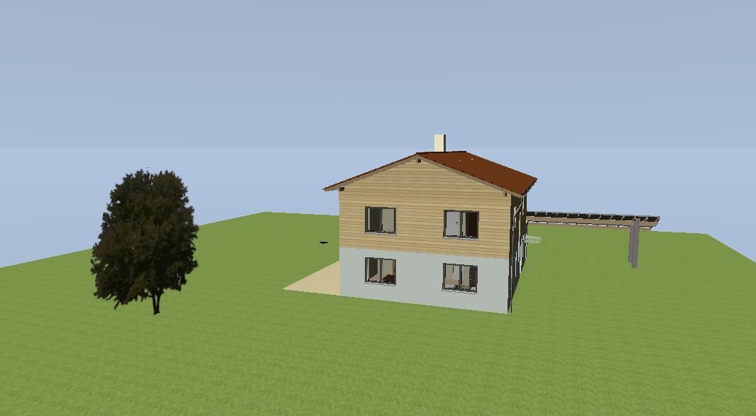 Zweistöckiges Holzhaus auf grünem Grundstück mit Baum und Terrasse, 3D-Modell.