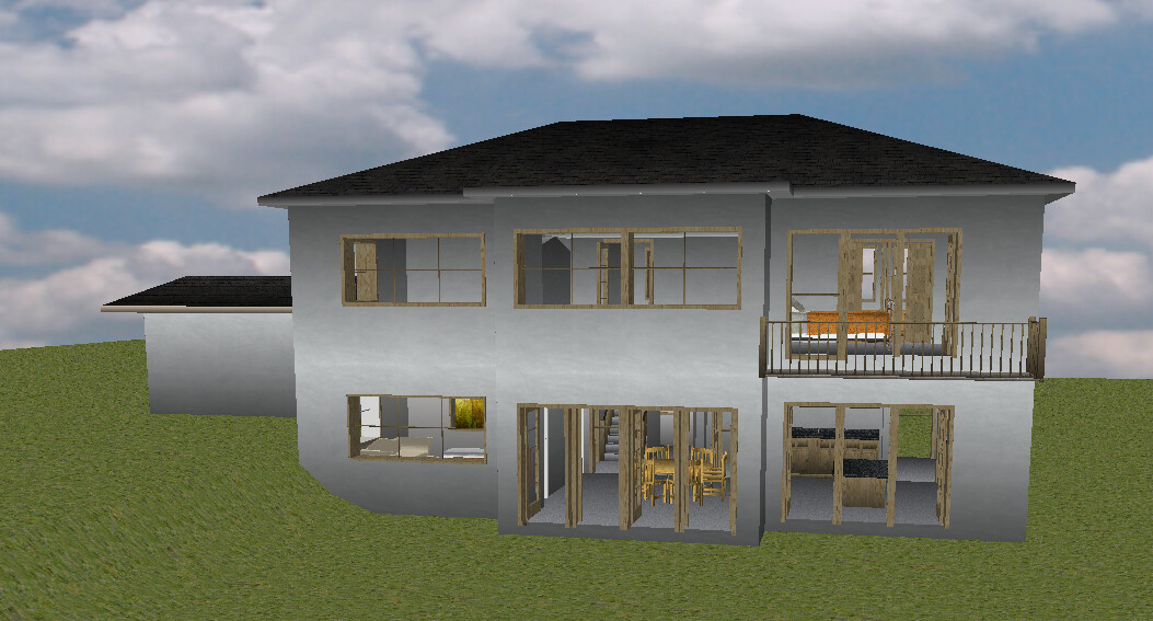 Zweistöckiges Hausmodell unter Bau mit offener Fassade, Treppe, Essbereich und Balkon