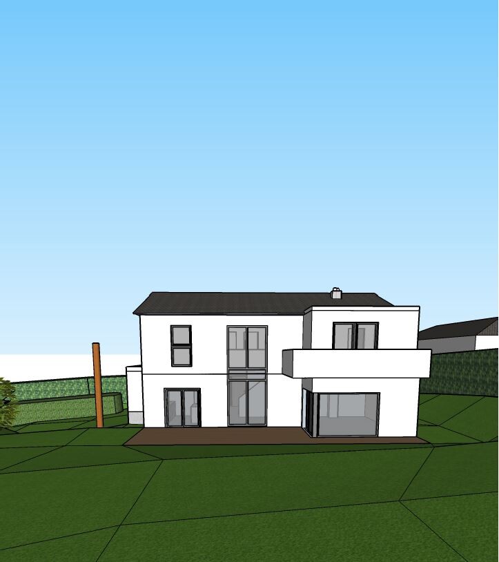 Moderne weiße 3D-Hausexterieuransicht mit Terrasse und Garten